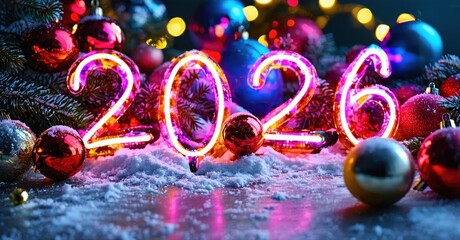 Festive scene depicts glowing numerals 2026 amid ornaments, snow, lights. Bright colors create joyful holiday atmosphere.