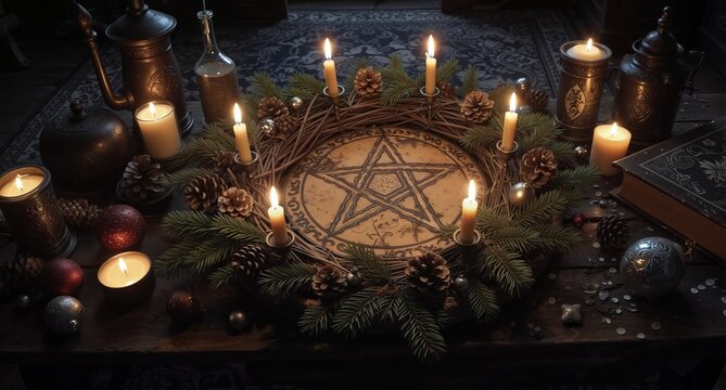 mystical altar with candles, pine branches, and occult symbols for witchcraft or pagan rituals.