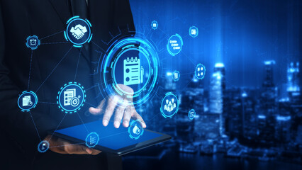 Concept of task management optimizes business efficiency. This system streamlines workflows,...