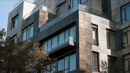 Obraz premium Modern Building Facade with Terraces and Glass Railings Under Clear Sky