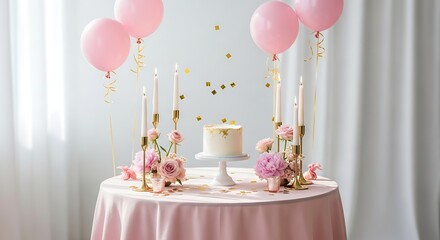 A beautifully decorated table set for a celebration with a cake, pink balloons, and floral arrangements.