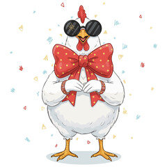 Party chicken, cool rooster. Dapper hen. Celebration poultry. Bow tie boss. Funny farm mascot. Farm animal character wearing stylish black sunglasses, massive, striking red polka-dot bow tie