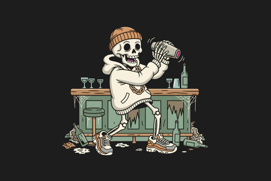 Skeleton bartender mixing drinks at a bar with a shaker.