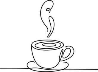 Continuous line art illustration of handmade sketch contour forming a steaming coffee cup