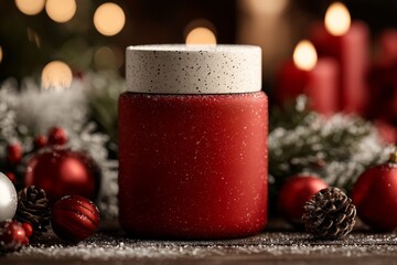 Black jar product mockup with festive red Christmas decorations