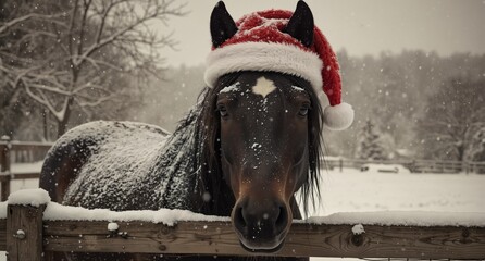 festive brown horse wearing a santa hat looks at camera in snowy winter landscape.