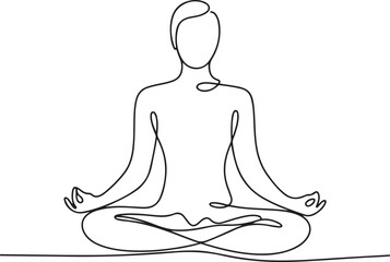 Continuous line art illustration of seated person meditating in lotus pose with handmade sketch contour