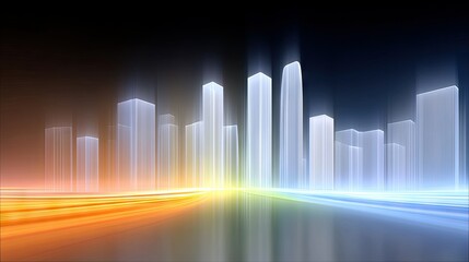 An abstract digital illustration depicting a futuristic cityscape with glowing, translucent skyscrapers and vibrant streaks of light representing movement or en