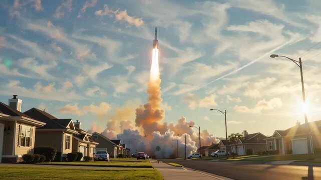 A majestic rocket launching from a suburban neighborhood during sunset, producing vibrant orange and white flames against a colorful sky