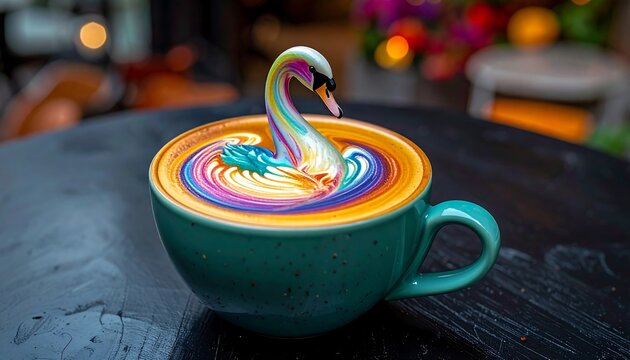 A cup of coffee with swan latte art sits on a dark table with blurred background