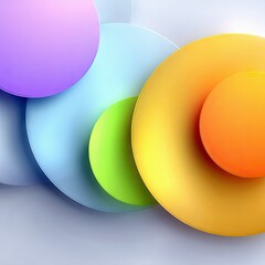 A composition of overlapping colorful circles in shades of purple, blue, green, yellow, and orange, set against a clean white background with soft, diffused lig