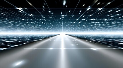 An abstract digital landscape with a vanishing point, featuring a highway-like path made of light streaks and glowing particles against a dark background.