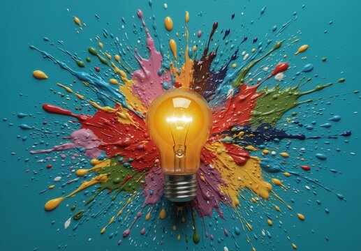 bright light bulb glowing amidst a vibrant explosion of colorful paint splashes on a blue background.