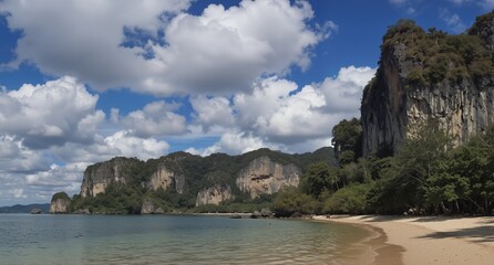 Fototapeta premium tropical beach with limestone cliffs and dramatic clouds in thailand.