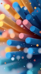 A close-up, abstract view of numerous colorful cylindrical rods in shades of blue, orange, and yellow, with soft bokeh lights and small floating particles creat