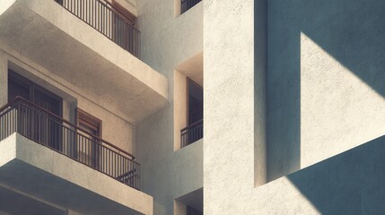 Abstract close-up of modern building facade with balconies and strong shadows.
