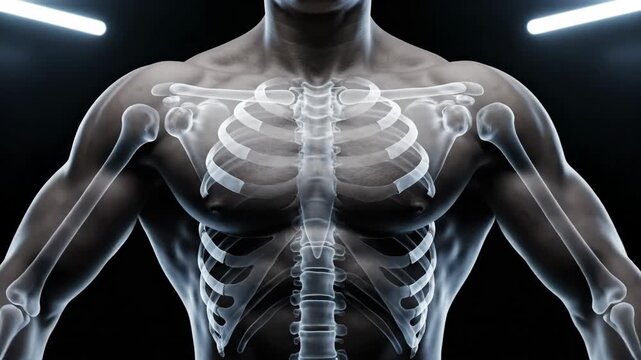 Man with visible bones and skeletal system. Medical visualization of human upper body. Health care, anatomy, and diagnostic concept.