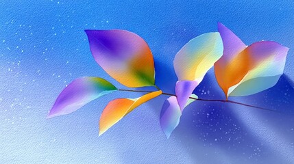 A close-up of a branch with abstract, multi-colored leaves in shades of purple, orange, and green. The background is a textured blue with subtle light effects a