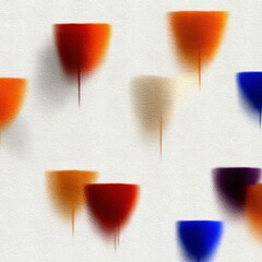 An abstract composition featuring multiple blurred, colorful shapes that resemble wine glasses or tulips arranged in a repeating pattern against a textured whit