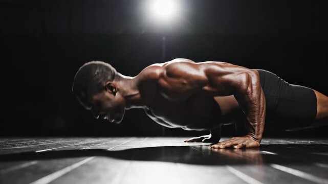 African american man doing pushups. Strong muscular athlete exercising in gym. Body strength and fitness training concept for a healthy lifestyle.