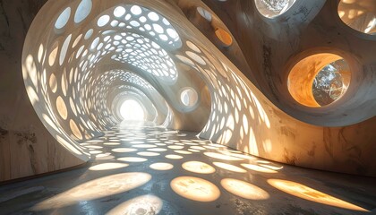 Abstract interior featuring organic, light-filled tunnels with geometric cutout patterns creating intricate light and shadow play