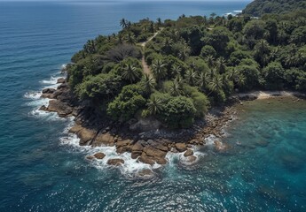 tropical coastal landscape with lush vegetation and rocky shoreline, aerial view