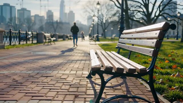 A serene urban park scene with a wooden bench, sunlight casting shadows on the brick pathway, and a solitary figure walking in the distance