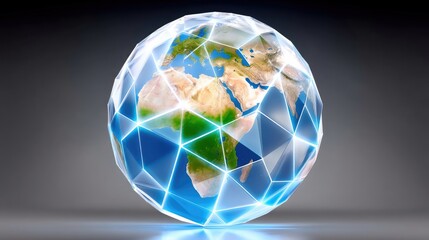 A stylized, abstract representation of the Earth globe is depicted with a faceted geometric overlay and glowing blue lines connecting points across its surface.