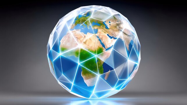 A stylized, abstract representation of the Earth globe is depicted with a faceted geometric overlay and glowing blue lines connecting points across its surface.