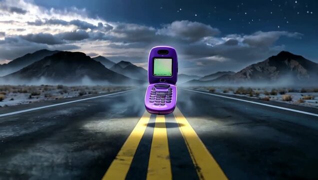 Vibrant Purple Clamshell Phone Floating Over Dark Desert Highway Under Stormy Sky Retro 90s Technology Concept Road Trip Adventure