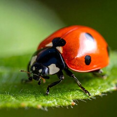 Fototapeta premium Close-up of a vibrant red ladybug with black spots on a green leaf