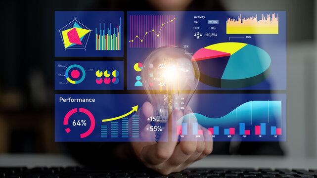 Engaging image of a hand holding a light bulb, showcasing digital data visualization for business analysis with various colorful graphs and metrics. Impute