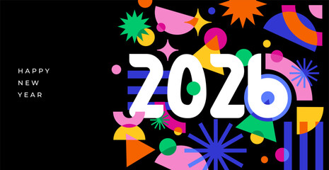 Abstract colorful geometric Happy New Year 2026 templates. social media promotional content in bold modern style