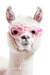Obraz premium A cute llama poses confidently, wearing pink heart-shaped sunglasses. The isolated subject stands out against a transparent backdrop, showcasing its playful character