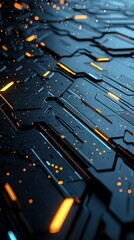A close-up, abstract view of a dark, textured digital circuit board with intricate patterns and glowing orange and blue lights, suggesting technology and data f