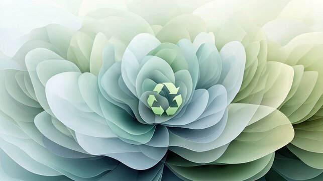 An abstract, layered floral design in soft pastel blues, greens, and whites. A green recycling symbol is prominently placed in the center of the bloom, suggesti - Powered by Adobe