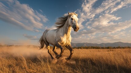 Powerful white horse in full sprint over pastoral landscape at dusk