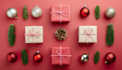 Symmetrical Christmas arrangement on red background, matching gift boxes on both sides, pine branches at equal angles, ornaments balanced evenly, elegant and structured holiday design