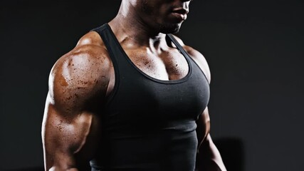 African american man lifting dumbbell, flexing arm during intense workout. Muscular body in gym for fitness motivation and strength training.