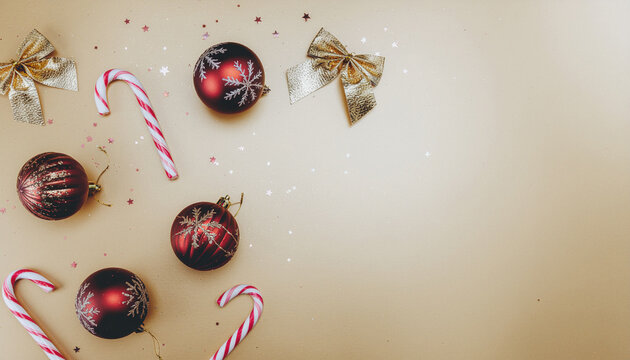 Minimal floating Christmas items on gold background, few ornaments and candy canes spaced out with lots of empty space, modern premium holiday design - Powered by Adobe