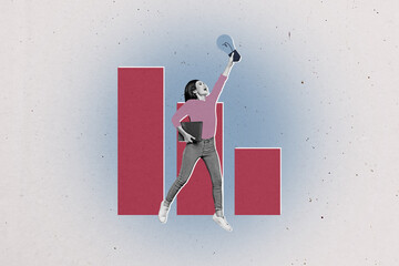 Collage design composite artwork sketch of young lady stand hold laptop idea lamp think logic eureka decision mind budget financial trade