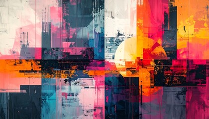 Abstract painting with overlapping geometric shapes and blended vibrant colors in a contemporary style
