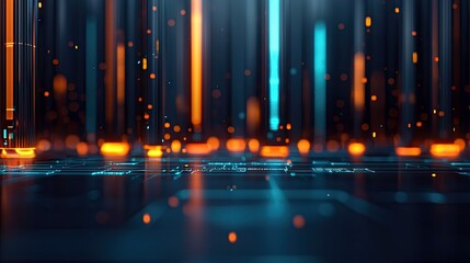 An abstract, futuristic digital grid with vertical beams of orange and blue light, set against a dark background with glowing bokeh effects. The scene evokes a