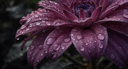 close-up of a vibrant purple chrysanthemum covered in fresh water droplets after a rain shower.