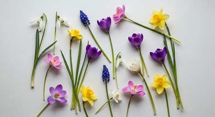 A beautiful assortment of spring flowers including daffodils, crocuses, snowdrops, and muscari arranged on a white background.
