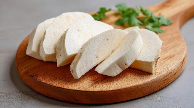 Slices of raw cassava root on a wooden cutting board, fresh tropical vegetable ready to cook