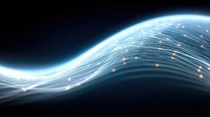Abstract digital network of glowing white lines and small orange dots flowing on a dark background, suggesting data transfer or connectivity.
