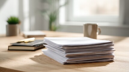 Professional office scene featuring a pile of reports on a clean desk