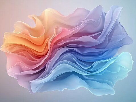 An abstract, flowing form resembling fabric or smoke, rendered in a gradient of pastel colors from warm orange and pink to cool blue and purple, illuminated by