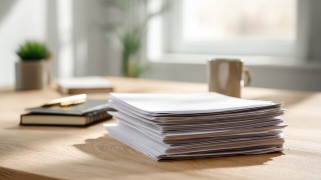 Professional office scene featuring a pile of reports on a clean desk